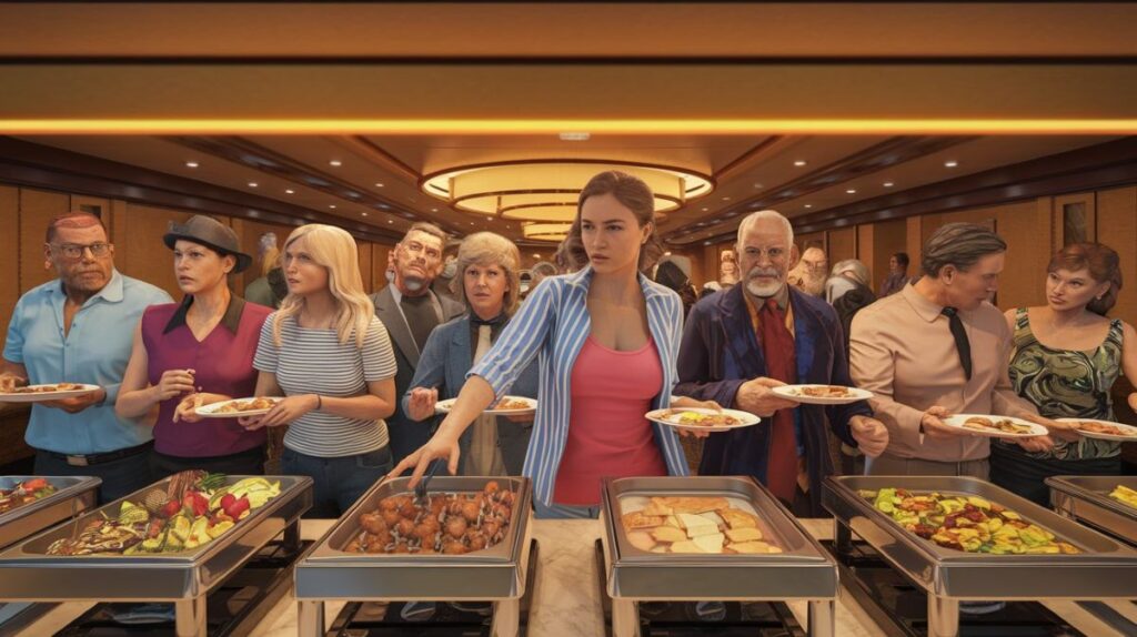 A diverse group of passengers queuing at a cruise ship buffet, each holding a plate filled with various dishes. The buffet features an array of foods displayed in stainless steel containers, with a focus on a young woman at the front of the line, looking slightly annoyed, adding a hint of tension to the otherwise bustling scene.