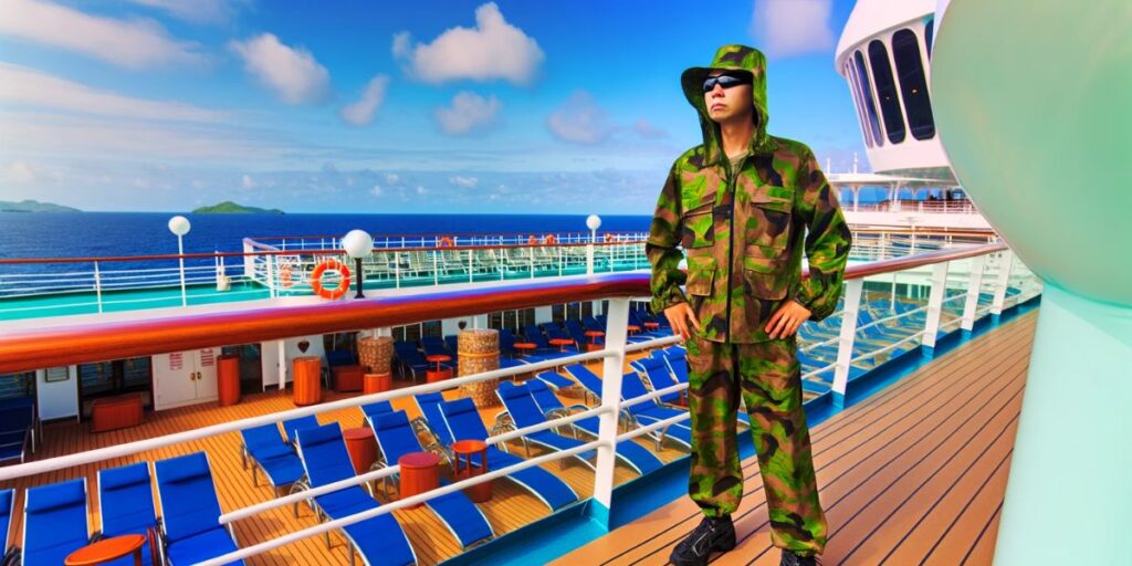 A man looking far on a cruise ship deck  wearing a full camo outfit