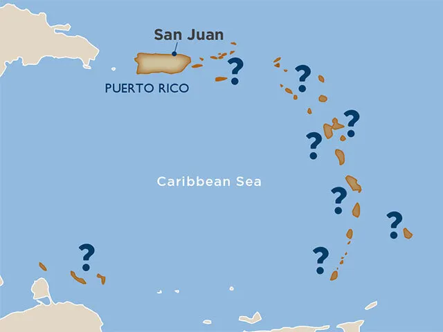 A simplified map of the Caribbean Sea highlighting Puerto Rico and its capital, San Juan, with a series of nearby islands marked by question marks. The question marks suggest a mystery or quiz element, likely prompting viewers to identify the surrounding Caribbean islands. The map emphasizes geographical context with minimal labeling for an educational or interactive purpose.