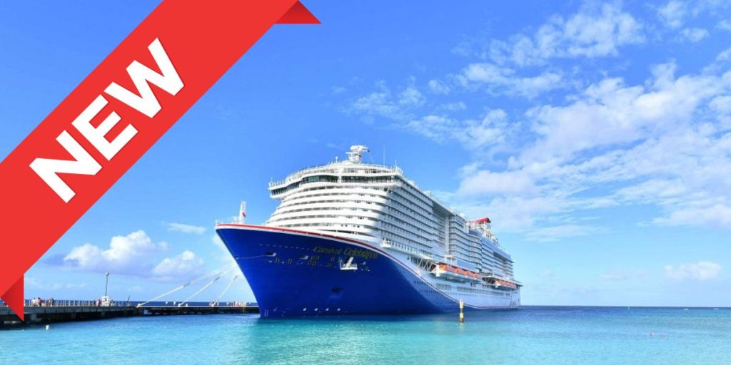 The newest Carnival cruise ship docked at a tropical port under a clear blue sky, with a bold 'NEW' banner diagonally across the image to highlight its recent launch.