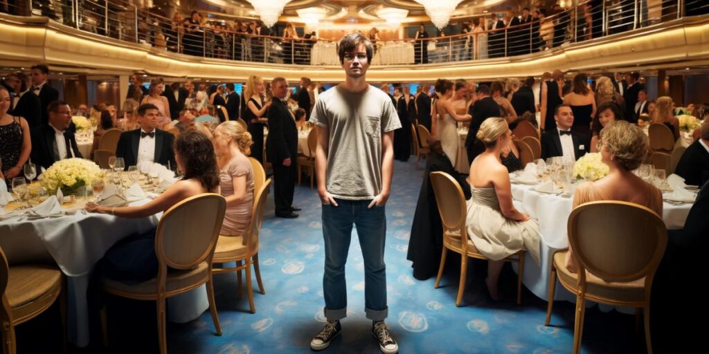 A person wearing a casual attire during a formal night