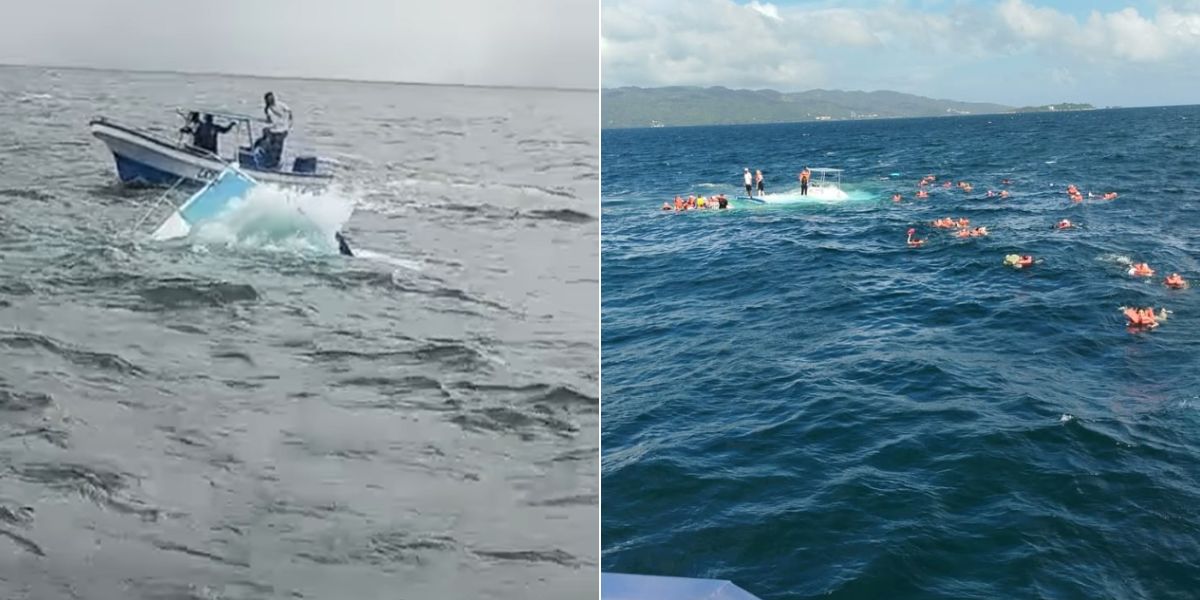 Two scenes show a catamaran sinking off the Dominican Republic coast. On the left, a small rescue boat approaches as the catamaran’s bow disappears beneath the waves. On the right, dozens of cruise passengers wearing orange life jackets float in the water near the partially submerged vessel under clear skies.