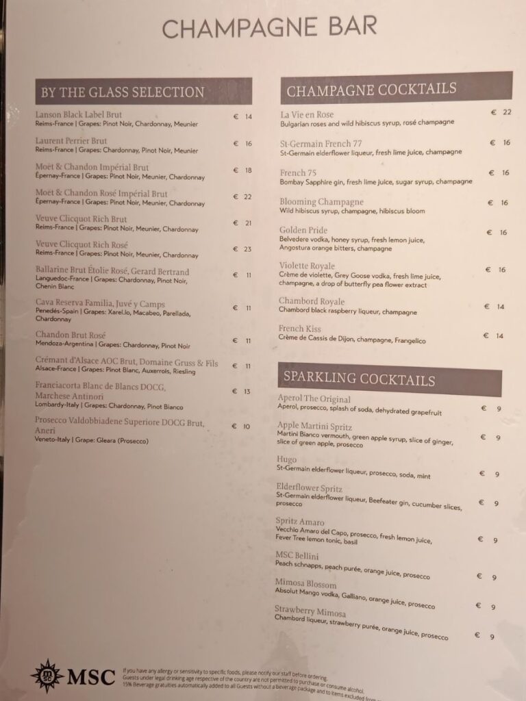 Champagne bar menu