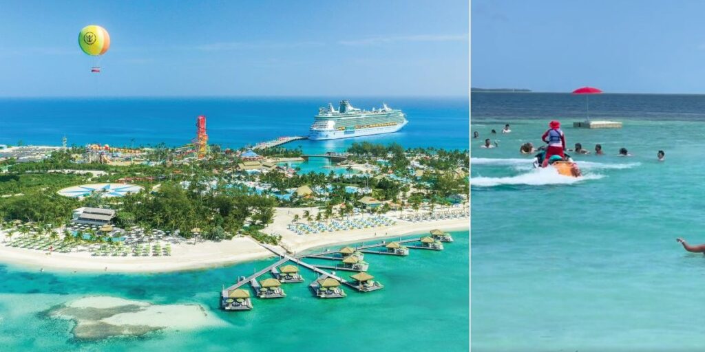 Aerial view of Royal Caribbean’s private island, CocoCay, showcasing a docked cruise ship, colorful water park, and overwater cabanas in clear turquoise waters. The split image also shows a lifeguard on a jet ski approaching a crowd of swimmers during a commotion in the ocean, highlighting activity and safety on a CocoCay cruise.