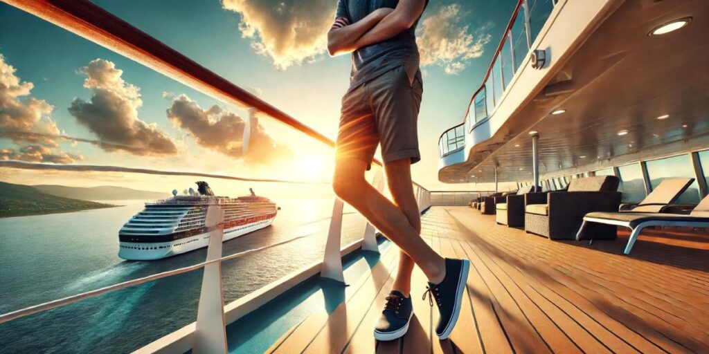 A man enjoying the sunset on the balcony deck of a cruise ship