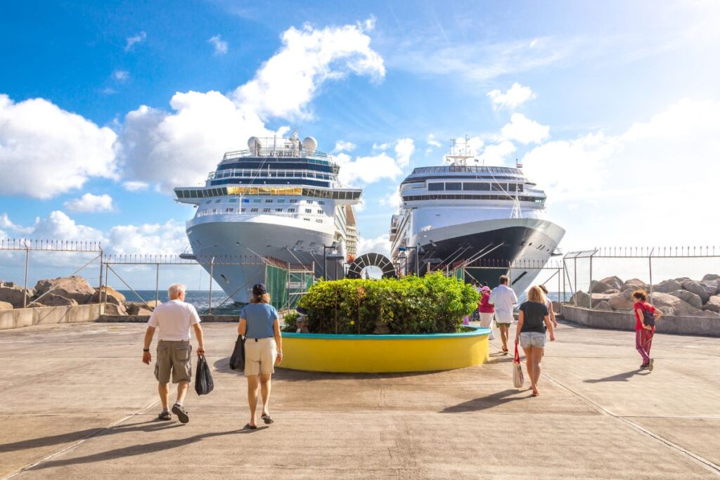 Cruise passengers getting ready to board the ship on the port