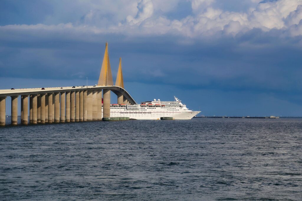 Cruise ship near the Sunshine Skyway Bridge in Tampa Bay, showing the height constraint for larger ships.