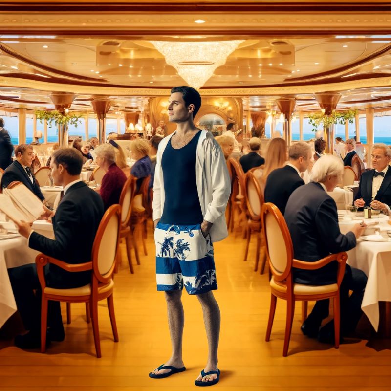 A man dressed in casual beachwear, including a tank top, swim trunks, and flip-flops, stands out in the formal dining room of a cruise ship. Surrounding him, other guests are dressed in elegant evening attire, highlighting the contrast and inappropriate nature of his outfit for the setting. The dining room features sophisticated decor with chandeliers and neatly arranged tables, emphasizing the formal atmosphere.