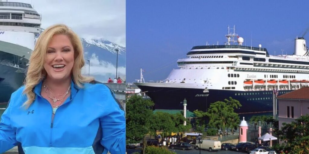 This side-by-side image features a woman smiling in front of a large cruise ship docked in a snowy mountainous port on the left, and a separate photo of the Holland America Line cruise ship Zaandam docked in a tropical port on the right. The contrast highlights two distinct cruise destinations—Alaska and the Caribbean.