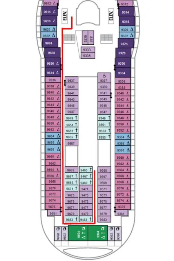 The floor plan of the cabins on a Royal Caribbean cruise ship to what cabins are near the elevator