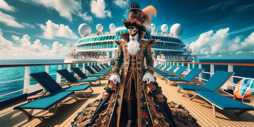 the image of a cruise passenger in an elaborate, fancy costume. 