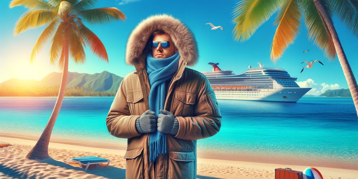 A man wearing heavy winter clothing, including a fur-lined parka, scarf, and gloves, stands on a tropical beach with palm trees and a cruise ship in the background. The scene contrasts his winter attire with the sunny, warm beach environment.