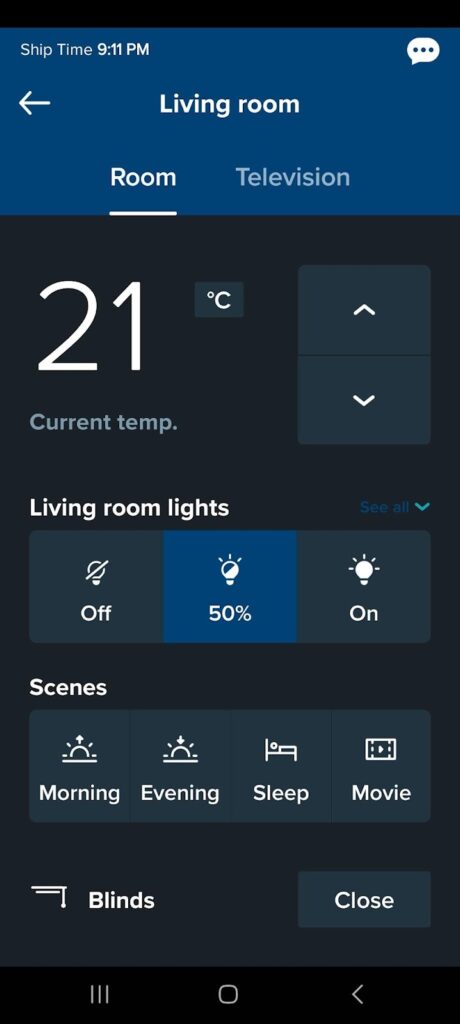 A control panel on the Celebrity Apex cruise ship showing the current temperature in the living room set at 21°C. The interface allows adjustments for room temperature, lighting (with options for Off, 50%, and On), and scenes like Morning, Evening, Sleep, and Movie. There are also controls for blinds and an option to switch to television settings.
