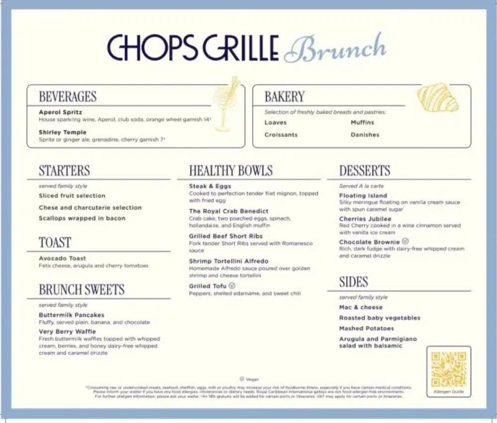 Chops Grille brunch menu showing beverages, bakery items, starters, entrées, desserts, and sides.
