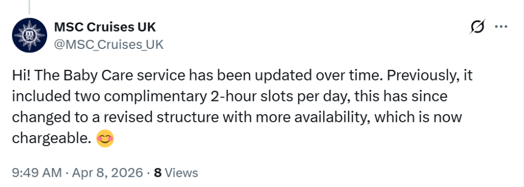 Screenshot of an MSC Cruises UK post explaining that its Baby Care service used to include two complimentary two-hour slots per day, but has since changed to a paid model with more availability.