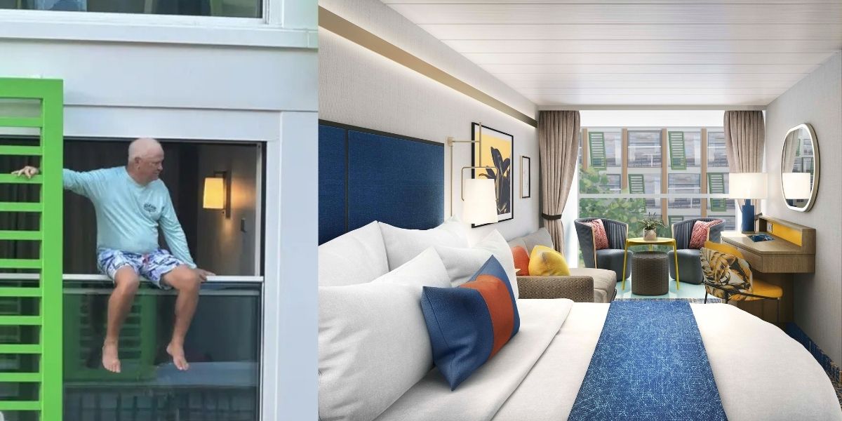 A man wearing a light blue shirt and patterned shorts is seen sitting dangerously on the ledge of an open cruise cabin window, his legs hanging over the side. Next to it is a photo of a modern Royal Caribbean infinite verandah stateroom, showing the floor-to-ceiling window design with bright decor and seating area.