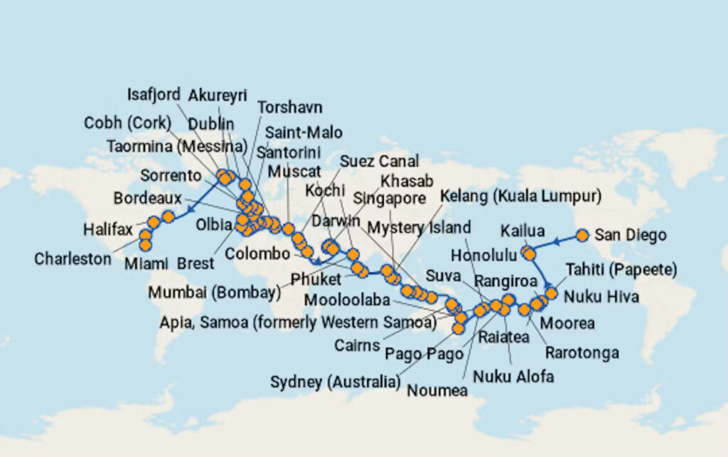 A map of the itinerary for Oceania Vista world cruise