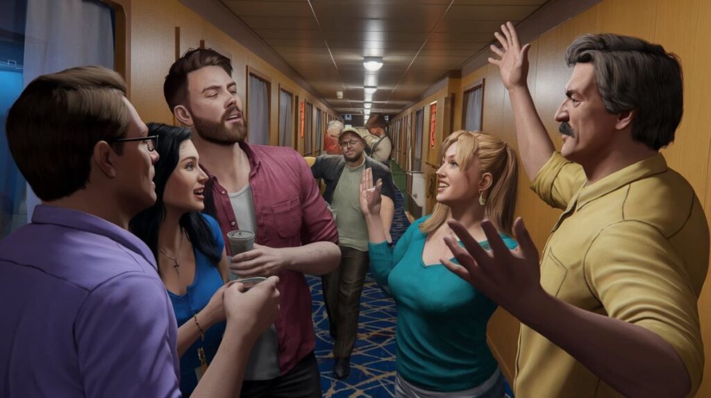 A lively interaction among a group of guests in a cruise ship hallway, where a man in a red shirt appears to be telling an animated story to his friends. The hallway is bustling with other passengers moving around, creating a dynamic and social atmosphere against the backdrop of vibrant blue carpet and wood-paneled walls.