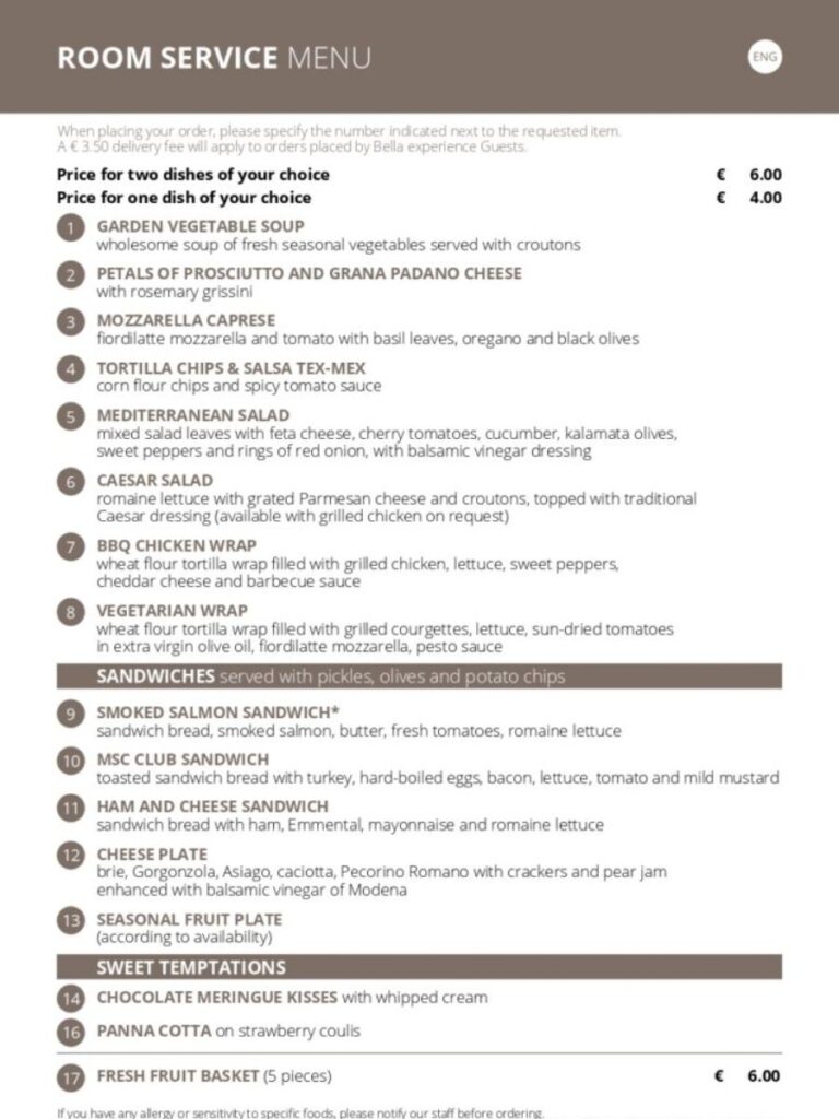 main room service menu