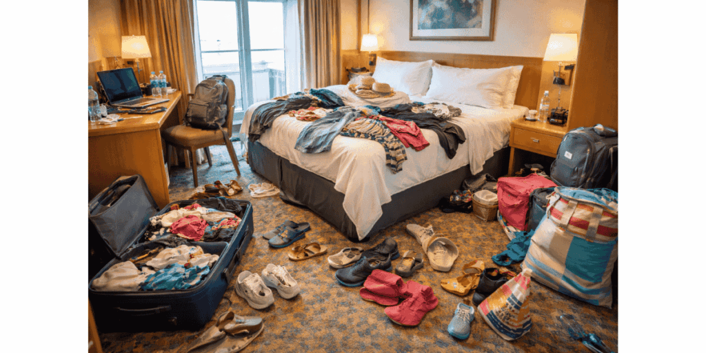 Messy cruise ship cabin with a queen bed covered in scattered clothes and towels, open suitcases on the floor, shoes and bags strewn across the carpet, and a cluttered desk, showing a very disorganized vacation room.