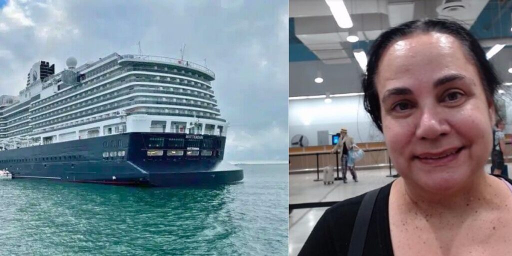 Side-by-side image showing Holland America Line’s Rotterdam cruise ship docked in port next to a photo of missing passenger Ann Evans, a 55-year-old American woman