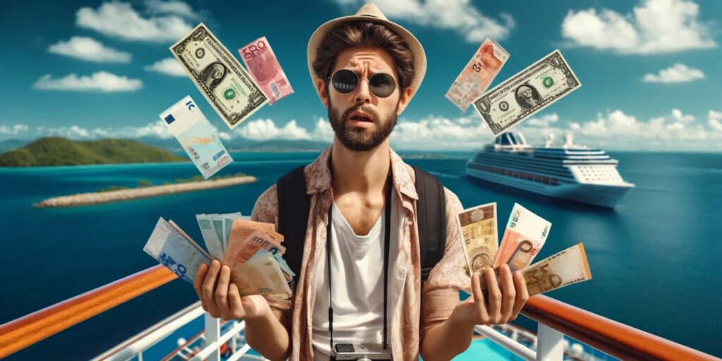 image of a cruise passenger holding different currencies and looking confused.