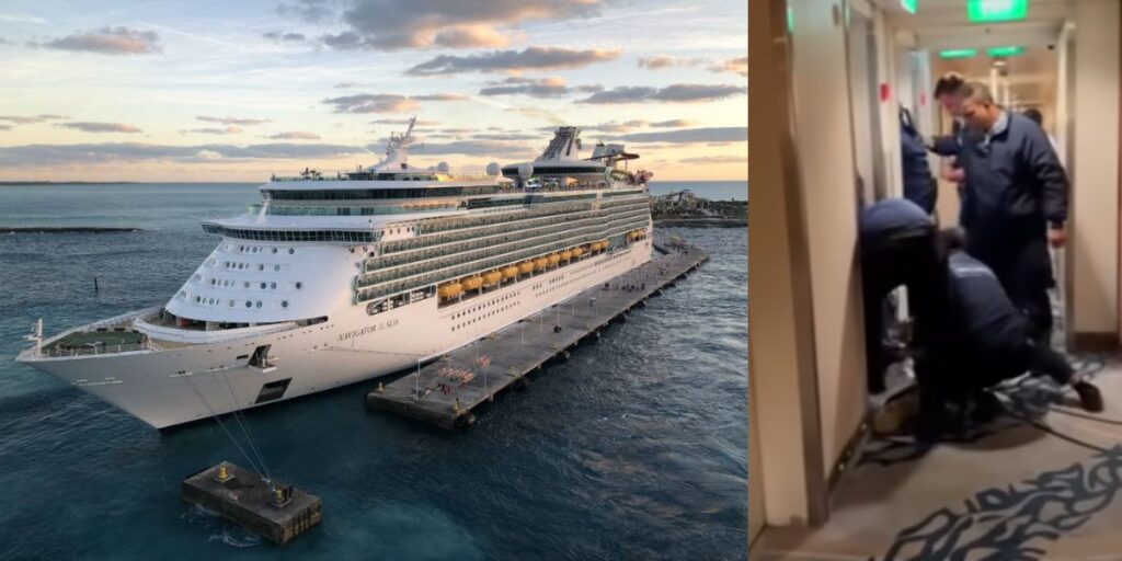 A split image showing two scenes: on the left, the Royal Caribbean ship Navigator of the Seas docked at a pier during sunset with calm water and a warm sky; on the right, several ship security officers restraining a person on the floor in a brightly lit cruise ship cabin hallway.