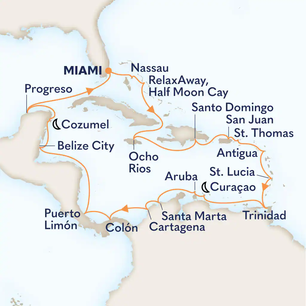 Map showing Holland America Line’s 28-day Pan Am 100th Anniversary Legendary Voyage route. The cruise begins and ends in Miami, visiting Nassau, Half Moon Cay, Ocho Rios, Santo Domingo, San Juan, St. Thomas, Antigua, St. Lucia, Port of Spain, Curaçao, Aruba, Santa Marta, Cartagena, Colón, Puerto Limón, Belize City, Cozumel, and Progreso across the Caribbean and Central America. Orange arrows trace the roundtrip path through the region.