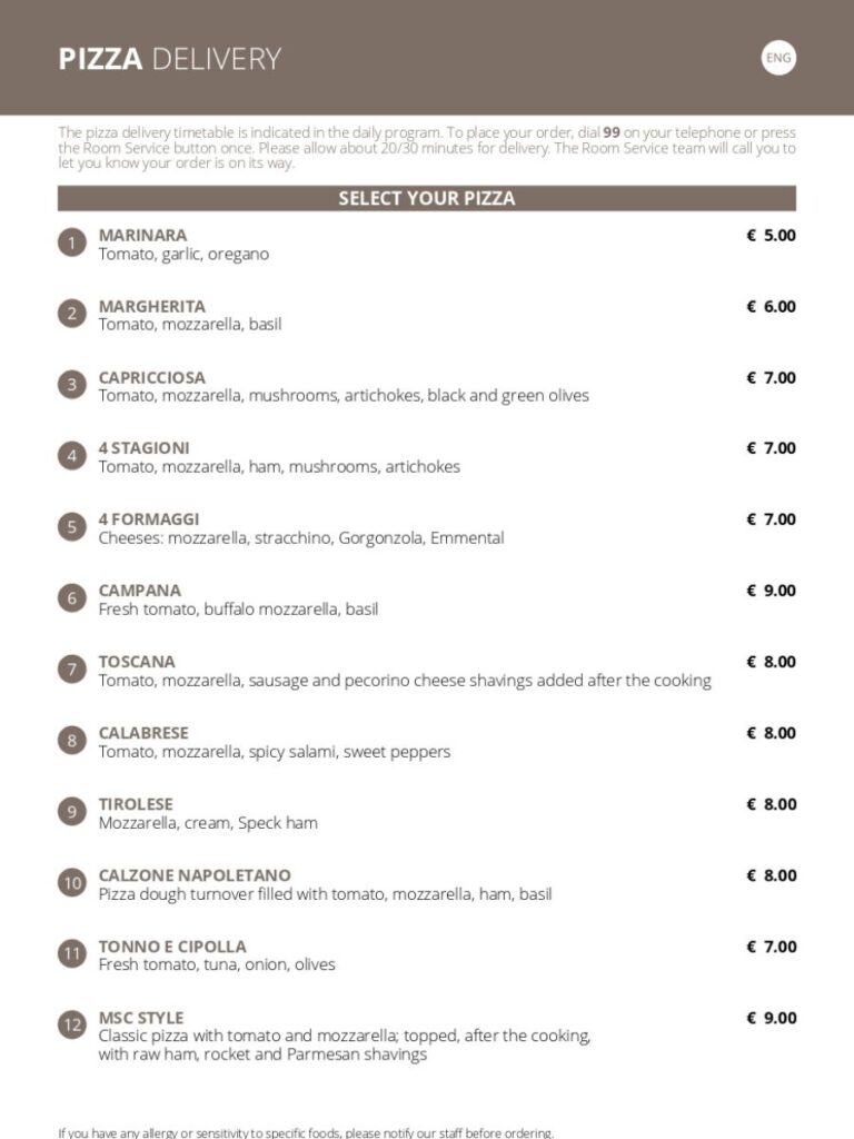 Pizza menu