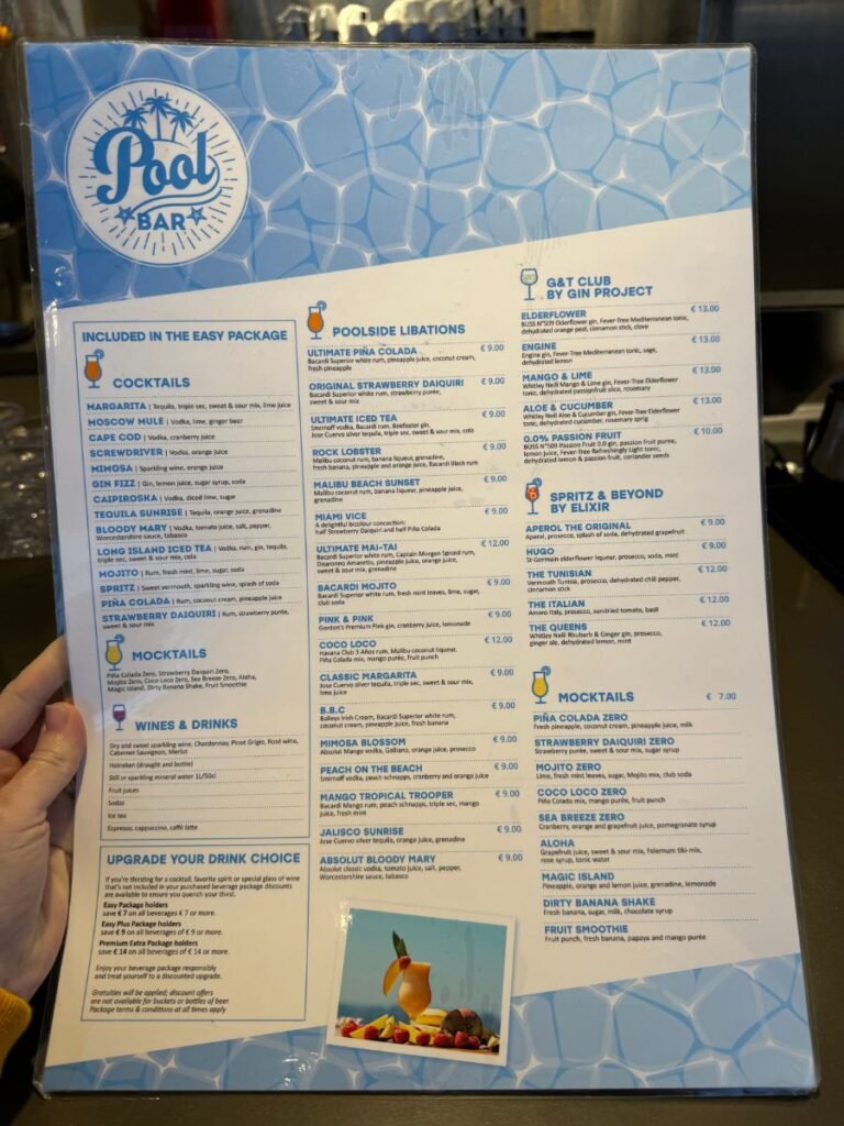 Pool bar menu