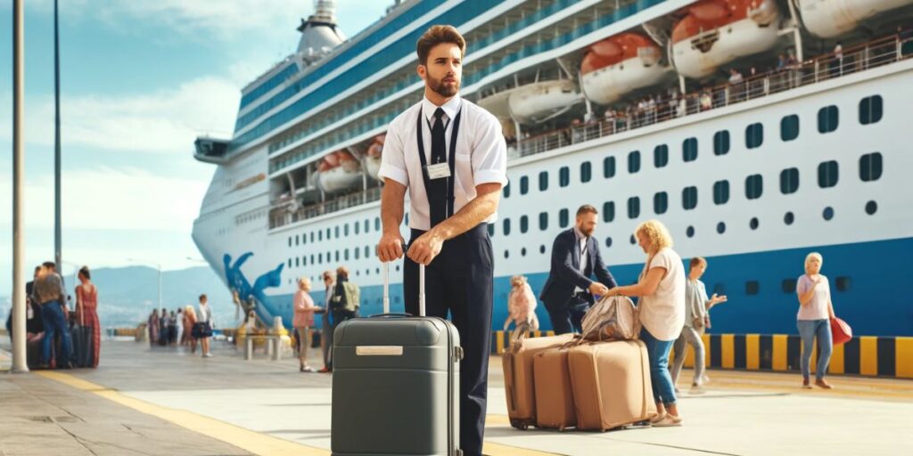 A cruise ship porter stands on the dock with a suitcase, preparing to assist passengers with their luggage. The background shows a large cruise ship and several passengers, some of whom are also handling their bags, indicating an active embarkation or disembarkation scene.