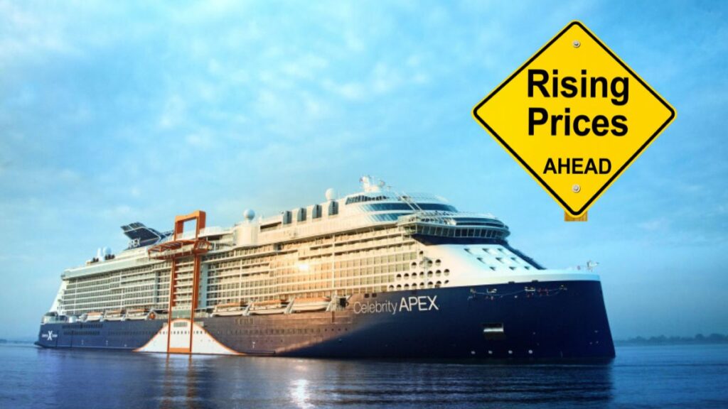A cruise ship sailing on the sea, with a sign in front saying "rising prices ahead"