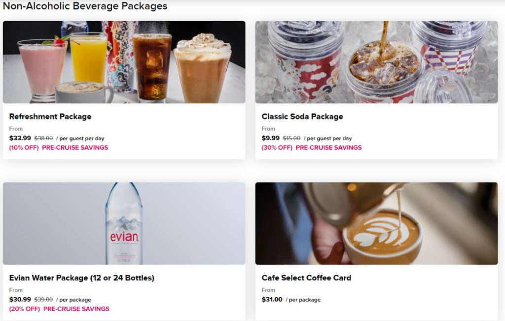 The image showcases Royal Caribbean's non-alcoholic beverage packages, including a Refreshment Package, Classic Soda Package, Evian Water Package, and a Cafe Select Coffee Card, each with pre-cruise savings and per guest per day pricing. It displays images of various drinks such as smoothies, sodas, bottled water, and coffee.