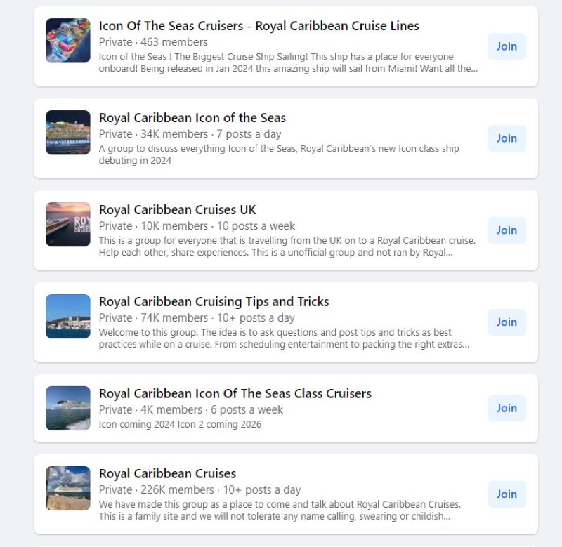 The image shows a list of Facebook groups dedicated to Royal Caribbean cruises, including groups for specific ships like Icon of the Seas, as well as groups for UK travelers and general tips and tricks for cruising with Royal Caribbean. The groups vary in size and posting activity, offering a community for enthusiasts and travelers to share experiences and advice.