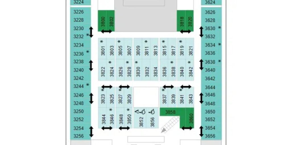 The floor plan for a Royal Caribbean cruise ship showing where are the Interconnected Cabins