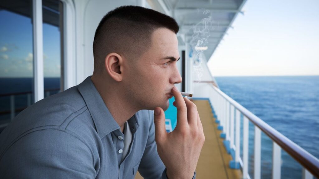 A man in a grey shirt leans against the railing of a cruise ship balcony, deeply inhaling from a cigarette. The calm ocean and clear sky stretch into the horizon behind him, creating a tranquil yet solitary scene on the ship's deck.
