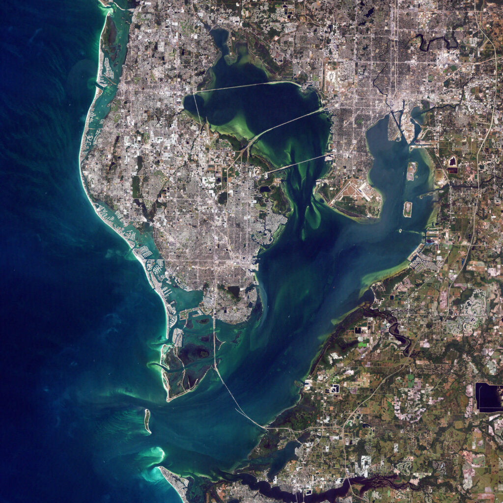 Satellite view of Tampa Bay and Florida’s Gulf Coast waterways near the proposed cruise port area.