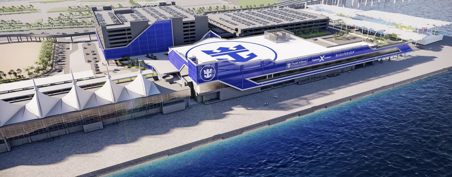 Rendering of Royal Caribbean’s Terminal G in Miami, Florida, showing a sleek, modern cruise terminal with the Royal Caribbean logo on the roof, adjacent parking garages, palm-lined roads, and direct waterfront access for docking. The terminal also features branding for Celebrity Cruises and Silversea.