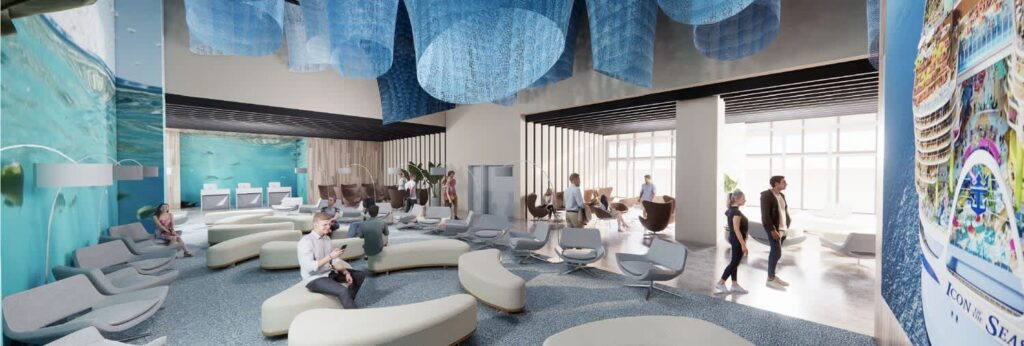 A modern cruise terminal lounge featuring curved white seating, ocean-themed wall art, and blue wave-like fabric structures hanging from the ceiling. Several people are seated or walking around, creating a calm, welcoming vibe.