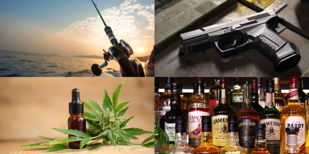 A collage of four images showing items commonly banned on cruise ships: a fishing rod casting into the ocean at sunset, a black handgun on a table, cannabis oil with a marijuana plant, and a variety of liquor bottles including Jameson and Dewar’s. These represent restricted items such as weapons, drugs, alcohol, and fishing gear.