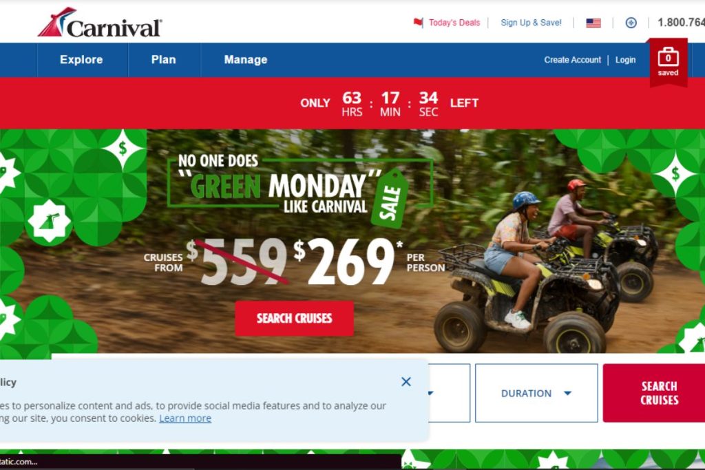 Alt text: "Screenshot of Carnival Cruise Line's website featuring a 'Green Monday Sale' with a countdown timer, discounted price offers, and an image of people enjoying an ATV ride in a lush forest setting.