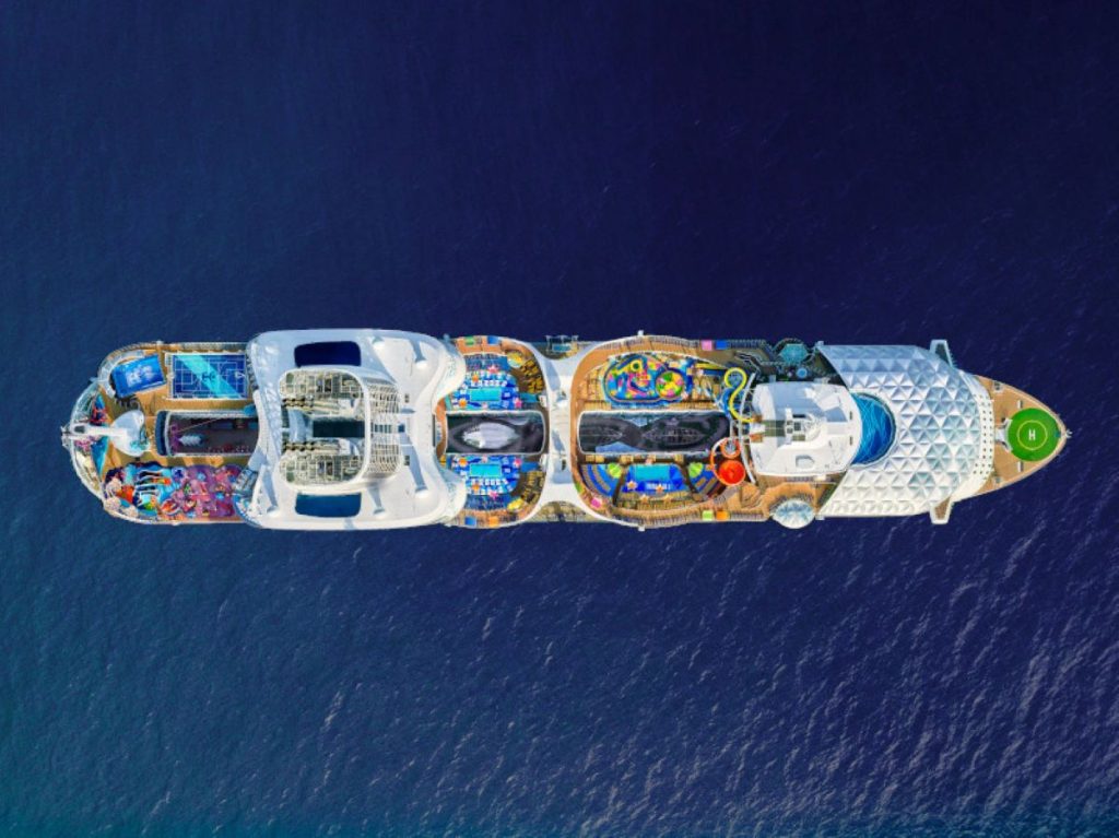 Aerial view of Royal Caribbean's Wonder of the Seas displaying its extensive deck features including water slides, pools, and recreational areas on the open sea.
