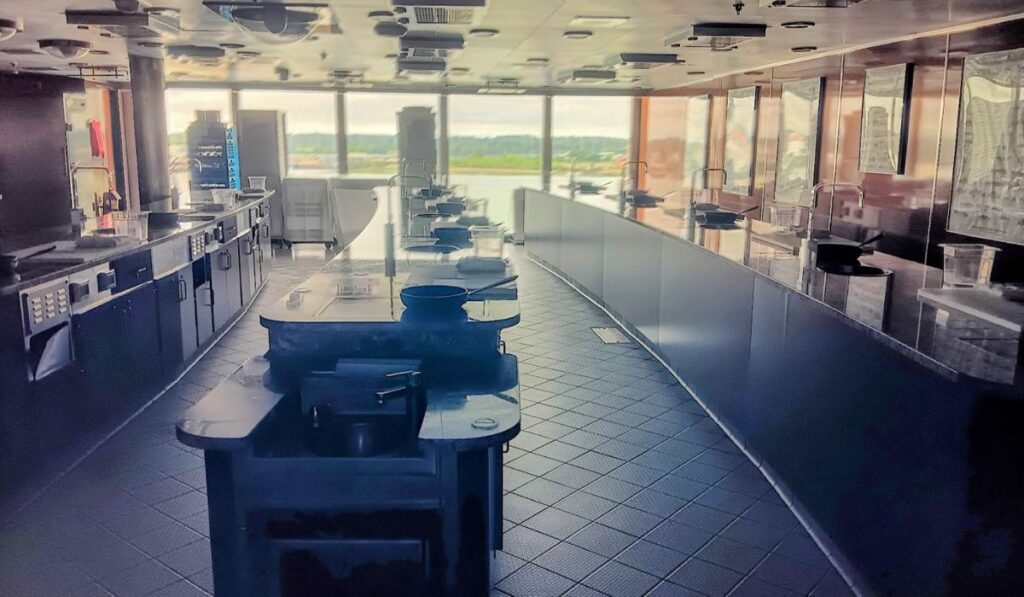 The image depicts a modern workshop kitchen aboard the Oceania Mariner, featuring sleek, stainless-steel countertops and cooking stations. Large windows in the background offer natural light and scenic views, adding to the airy and spacious feel. This kitchen setup appears ideal for culinary classes or cooking demonstrations, offering multiple workstations for hands-on learning.